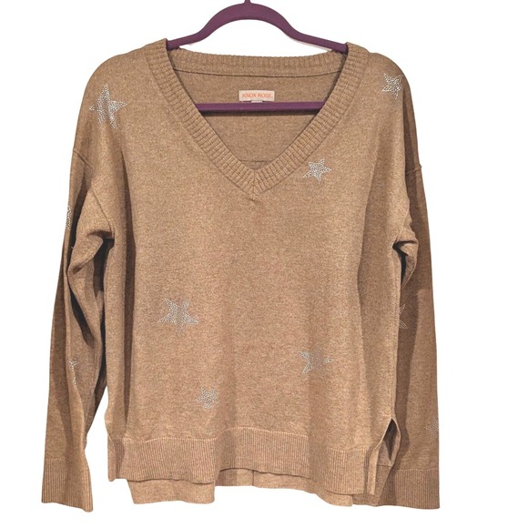 Knox Rose Women's Large Tan V-Neck Long Sleeve Star Pullover Sweater - Picture 1 of 6